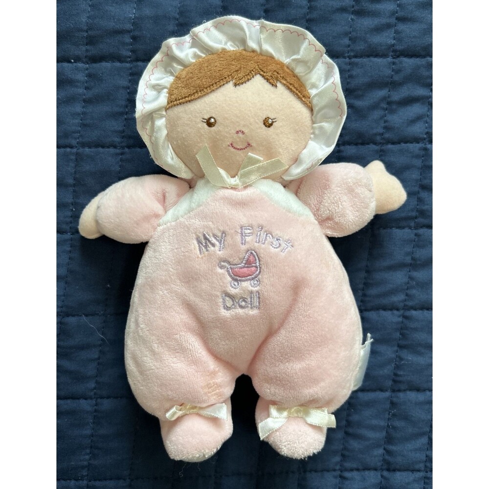Prestige Baby Pink My First Doll Rattle Plush Toy Brown Hair Carriage Satin